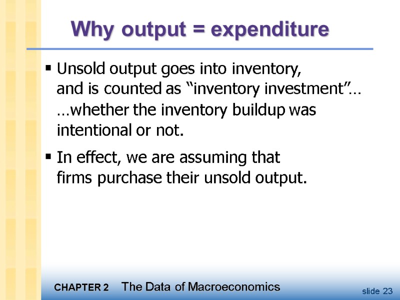 Why output = expenditure Unsold output goes into inventory,  and is counted as